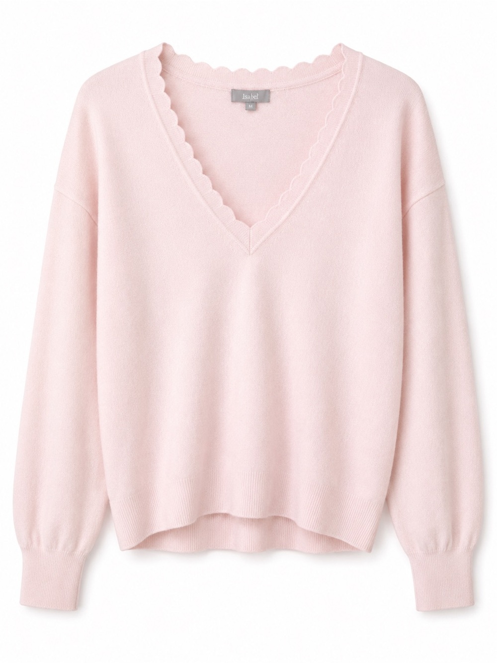 Marled Pink V-Neck Sweater with Scallop Trim